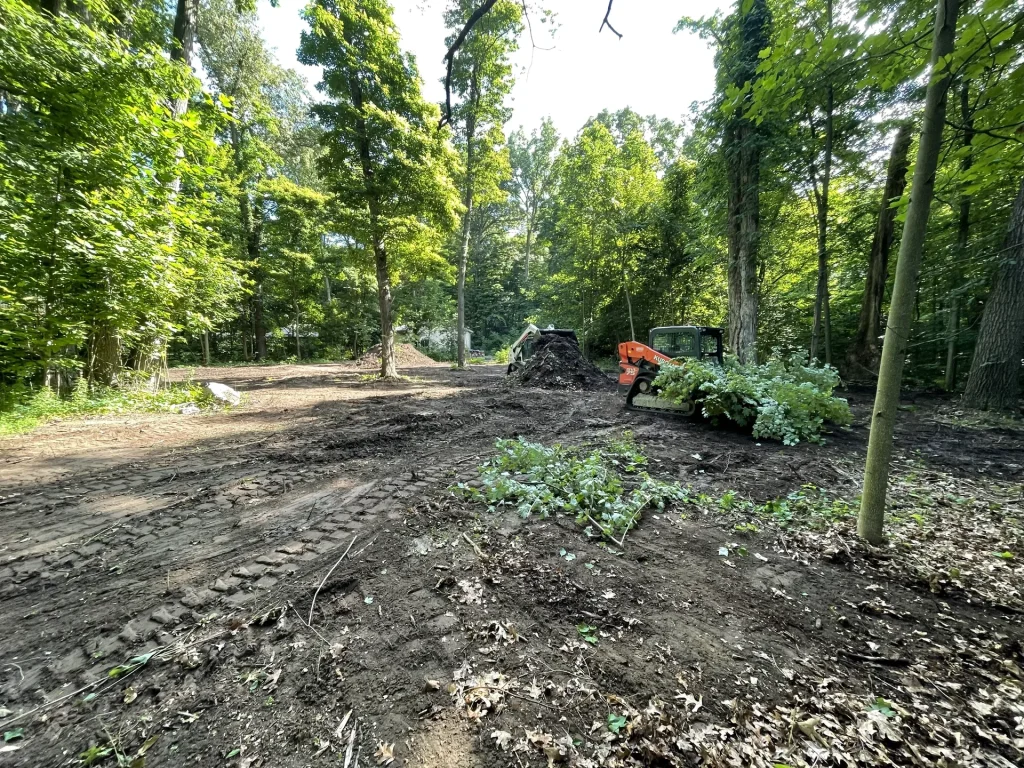 Better Way Land Management LLC skid steer loader clearing brush and debris from wooded residential lot during site preparation work